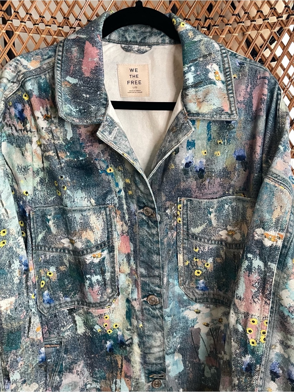 Free People Painted Denim Jacket in Teal & Pastel Floral - Picture 2 of 4